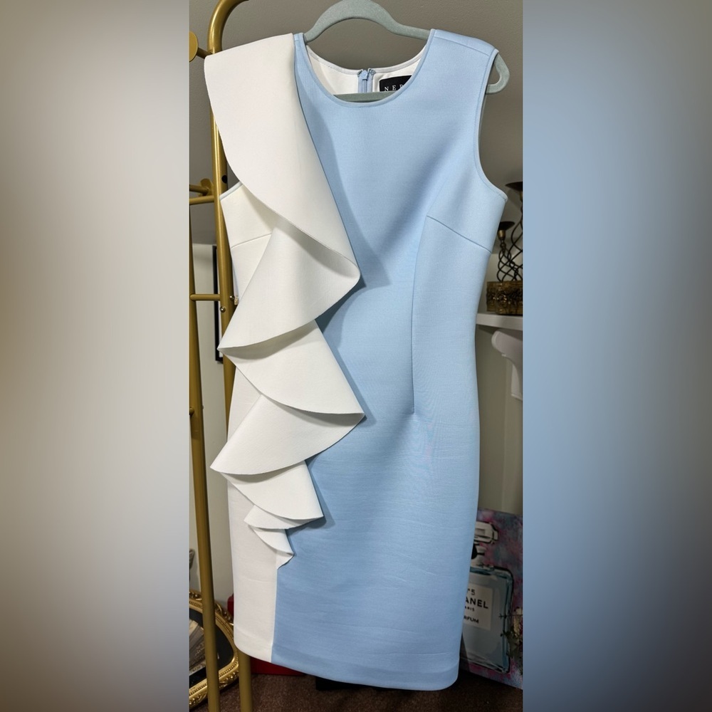NWOT Scuba Sleeveless Nero Jatin Varma Light Blue White Ruffle Midi Dress